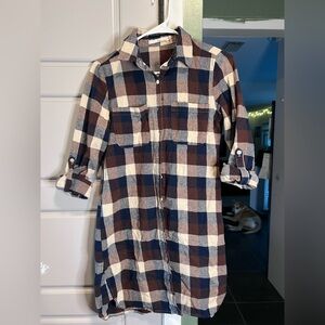 Ellison Checkered Shirt Dress in Navy and Brown
